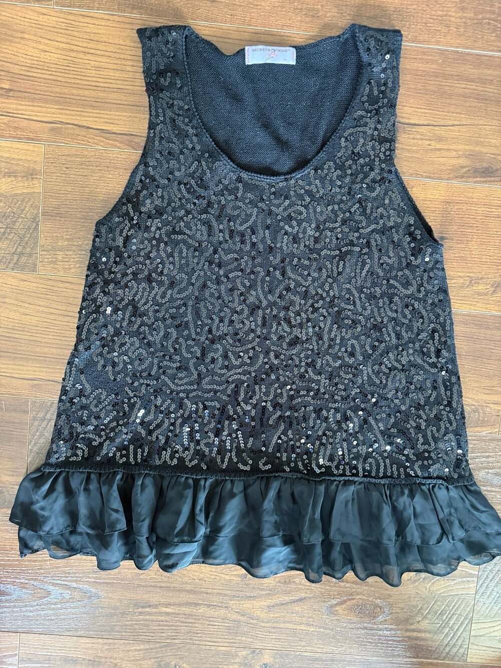 Secrets Of Mine Sequin Tank Top Size M Black Ruffle Hem